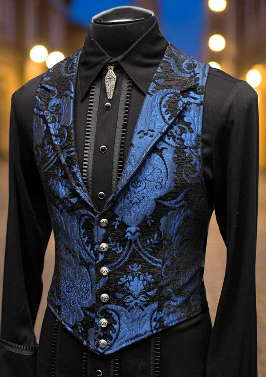 ARISTOCRAT VEST - BLUE/BLACK TAPESTRY Shrine of Hollywood vest blue dark goth gothic Men's Vests steampunk tapestry vampire vest victorian