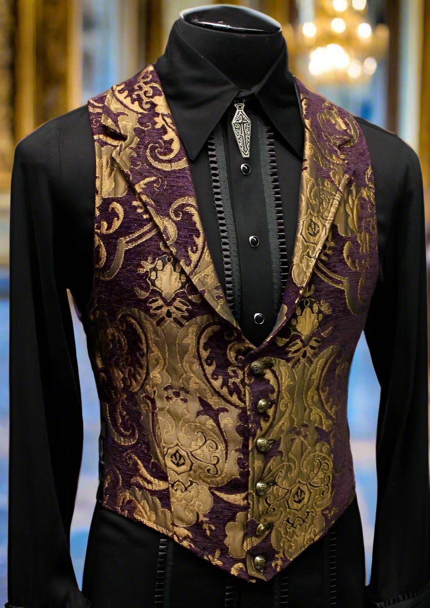 ARISTOCRAT VEST - PURPLE/GOLD TAPESTRY Shrine of Hollywood vest formal gold goth gothic Men's Vests purple steampunk tapestry vampire vest victorian wedding
