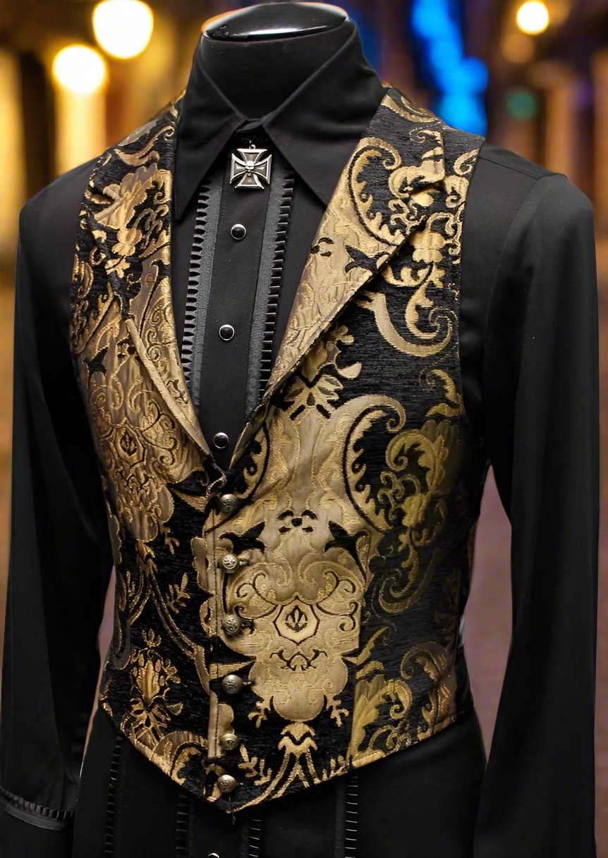 ARISTOCRAT VEST - GOLD/BLACK TAPESTRY Shrine of Hollywood vest formal gold goth gothic Men's Vests steampunk tapestry vampire vest victorian wedding
