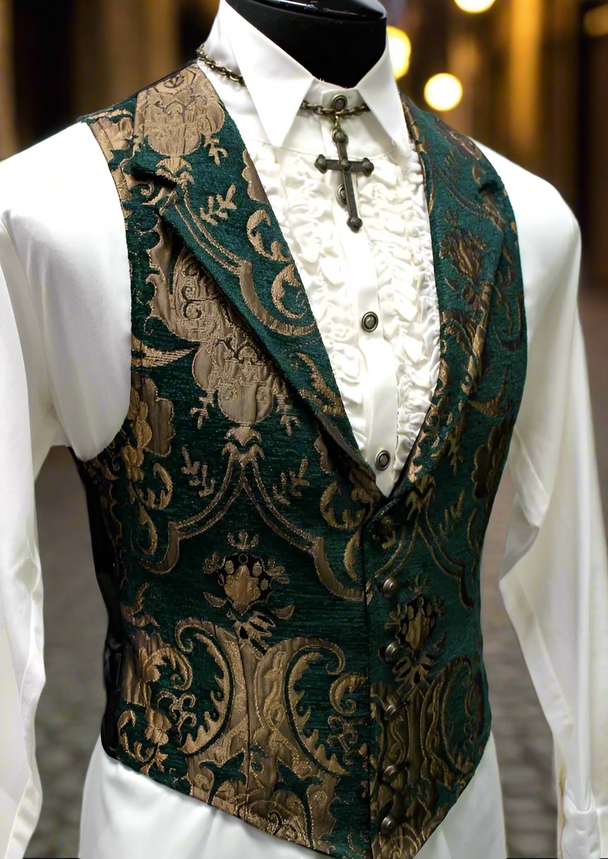 ARISTOCRAT VEST - GREEN/GOLD TAPESTRY Shrine of Hollywood vest formal gold goth gothic green Men's Vests steampunk tapestry vampire vest victorian wedding