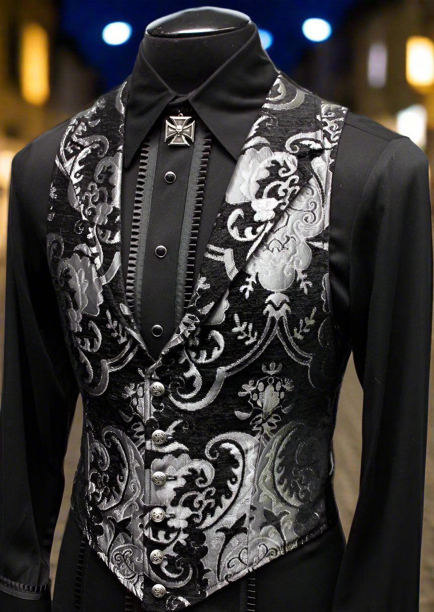 ARISTOCRAT VEST - BLACK/SILVER TAPESTRY Shrine of Hollywood vest formal goth gothic Men's Vests silver steampunk tapestry vampire vest victorian wedding
