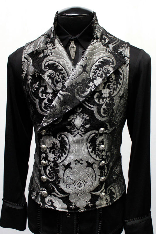 CAVALIER VEST - SILVER/BLACK TAPESTRY Shrine of Hollywood vest cavalier double breasted formal goth gothic medieval Men's Vests silver sleeveless vampire vest victorian