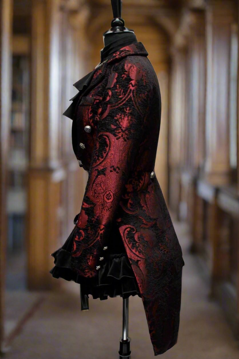 Shrine of Hollywood HARLEQUIN TAILCOAT - RED/BLACK TAPESTRY Women's Coats Women's Jackets