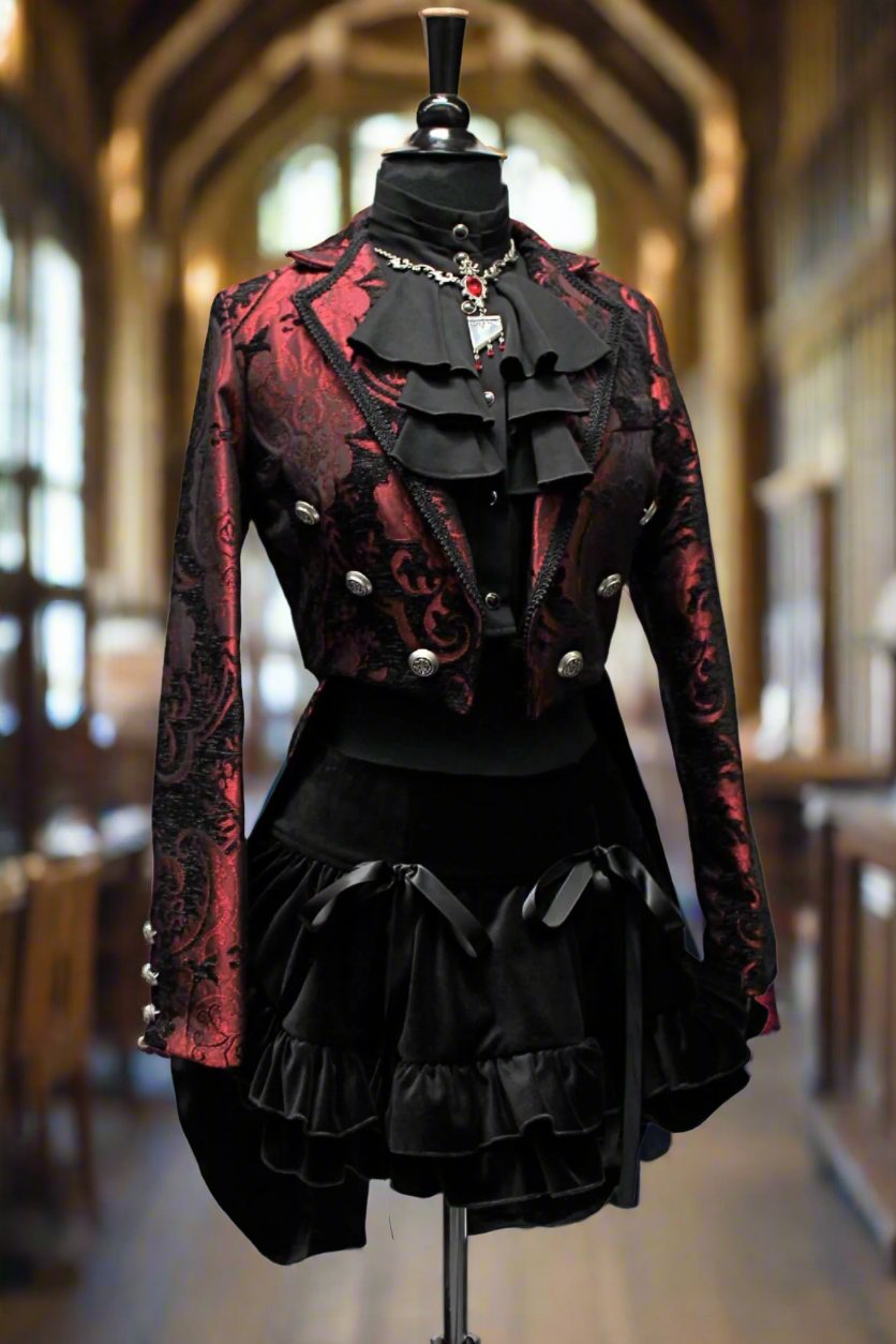 Shrine of Hollywood HARLEQUIN TAILCOAT - RED/BLACK TAPESTRY Women's Coats Women's Jackets