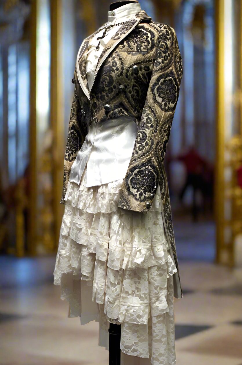 Shrine of Hollywood HARLEQUIN TAILCOAT - IVORY/BLUE TAPESTRY Women's Coats Women's Jackets