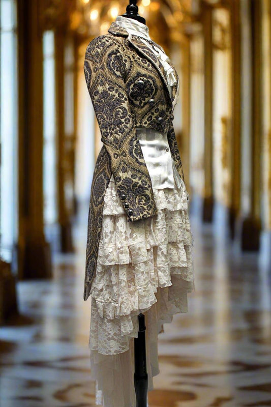 HARLEQUIN TAILCOAT - IVORY/BLUE TAPESTRY Shrine of Hollywood coat Women's Coats Women's Jackets