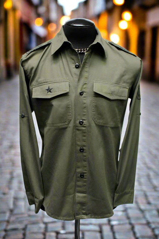 GUERRILLA ARMY SHIRT - OLIVE W/ BLACK Shrine of Hollywood shirt army button up green long sleeve Men's Shirts military work