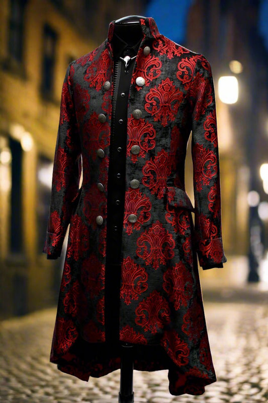 ORDER OF THE DRAGON COAT - BLACK AND RED VELVET BROCADE Shrine of Hollywood coat Men's Coats