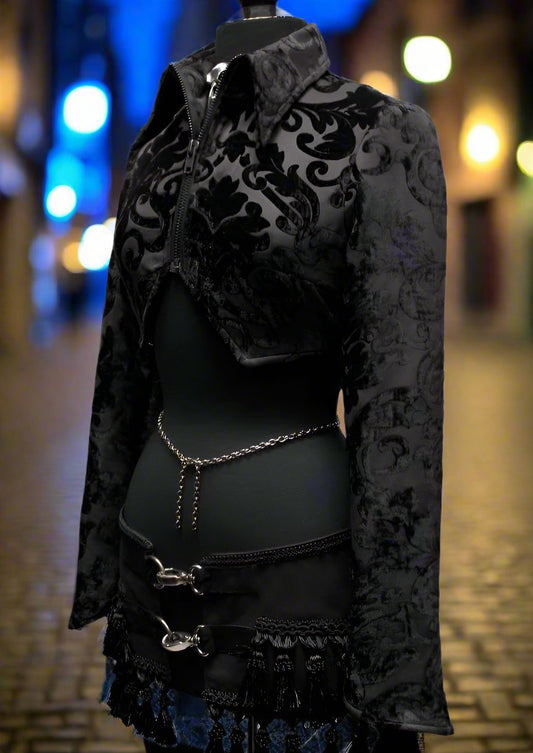 VILLAINESS JACKET - BLACK PRINTED VELVET Shrine of Hollywood Women's Jackets