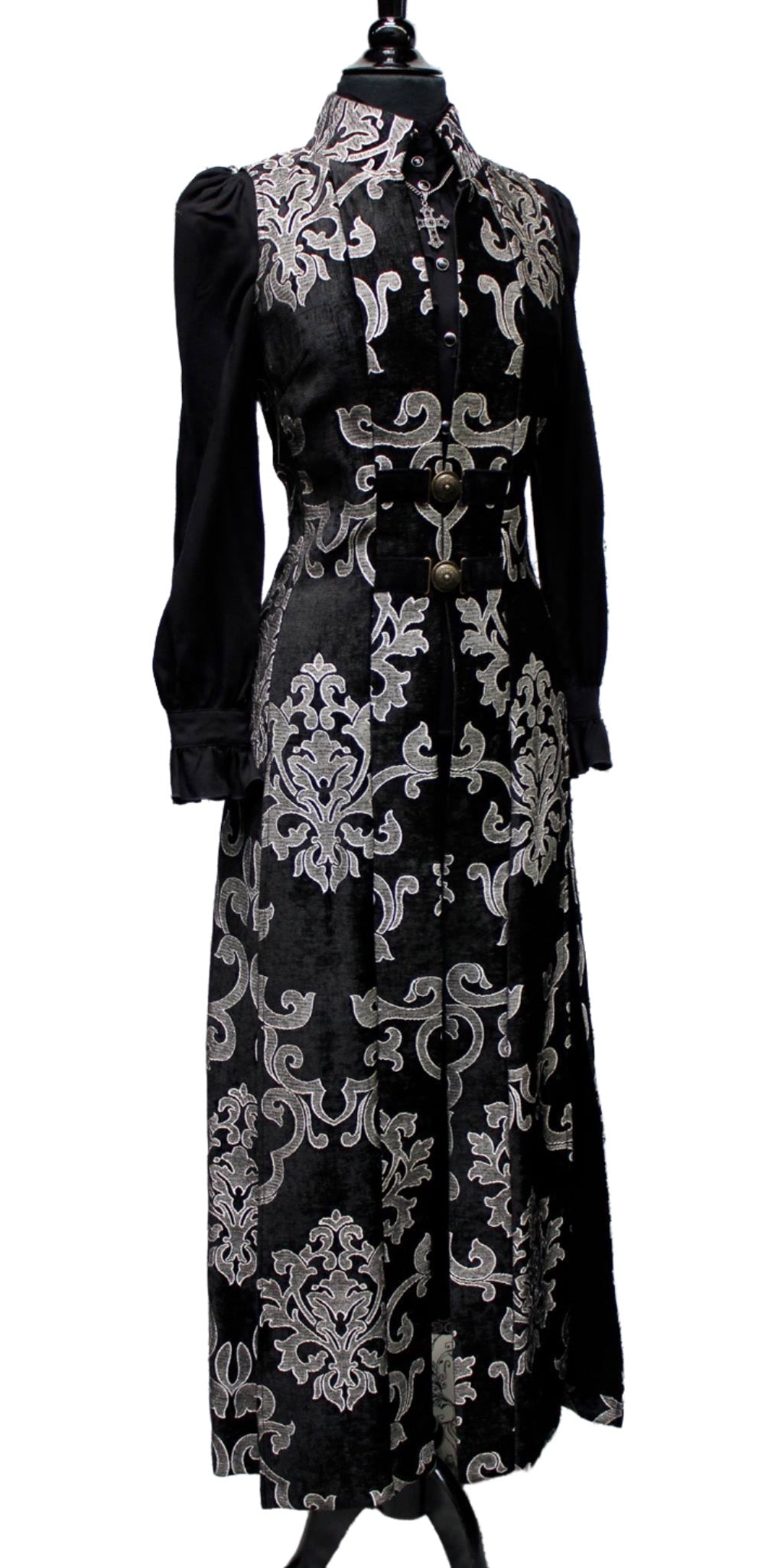 Shrine of Hollywood NECROMANTIC COAT/VEST - SILVER ON BLACK VELVET BROCADE brocade silver sleeveless vest Women's Coats