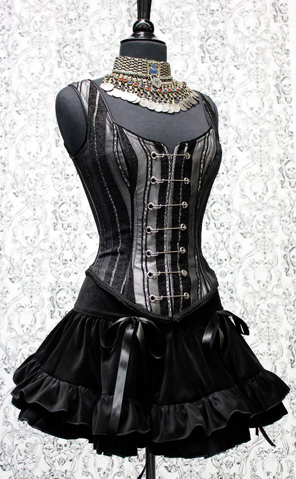 Black Satin Lace-up Corset Outfit & Ribbon Burlesque Skirt