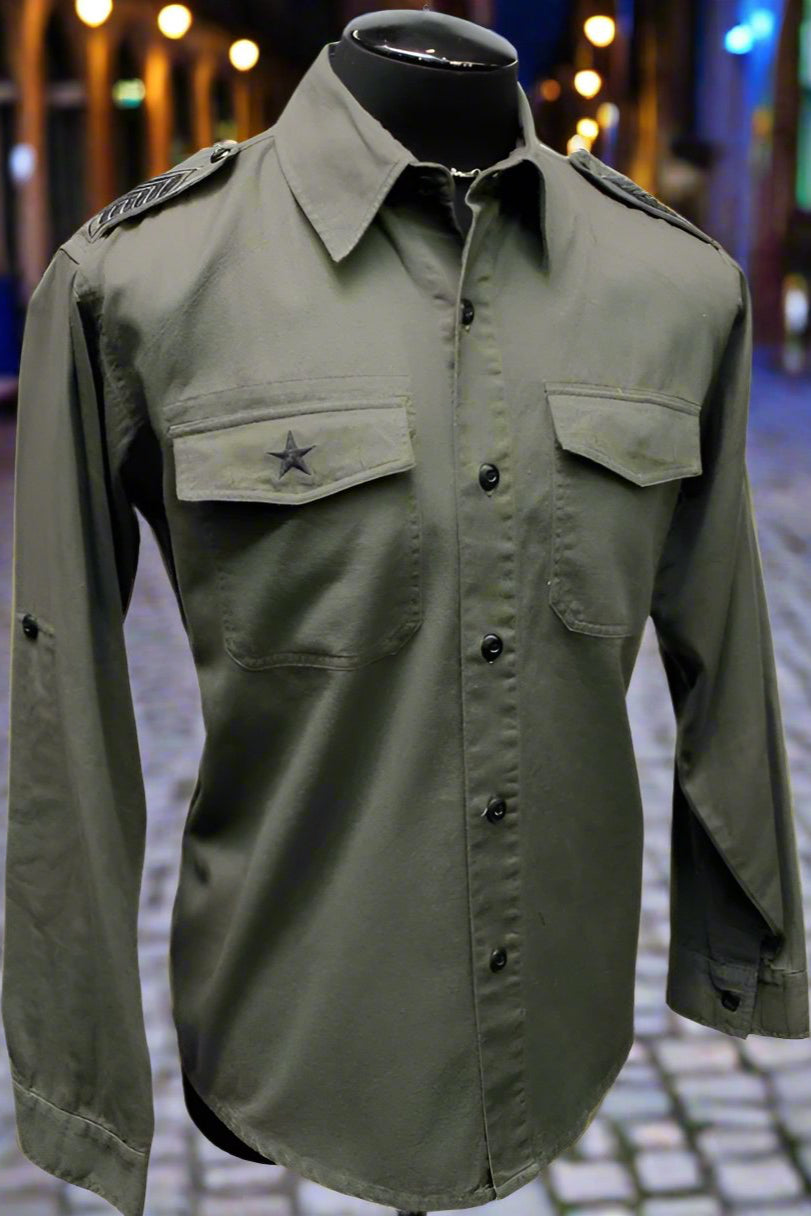 GUERRILLA ARMY SHIRT - OLIVE W/ BLACK Shrine of Hollywood shirt army button up green long sleeve Men's Shirts military work