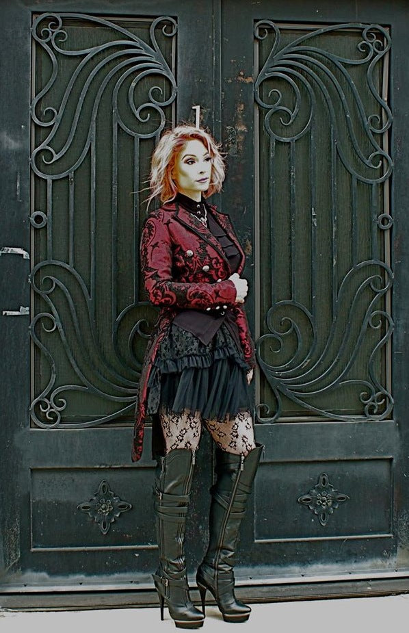 Shrine of Hollywood HARLEQUIN TAILCOAT - RED/BLACK TAPESTRY Women's Coats Women's Jackets