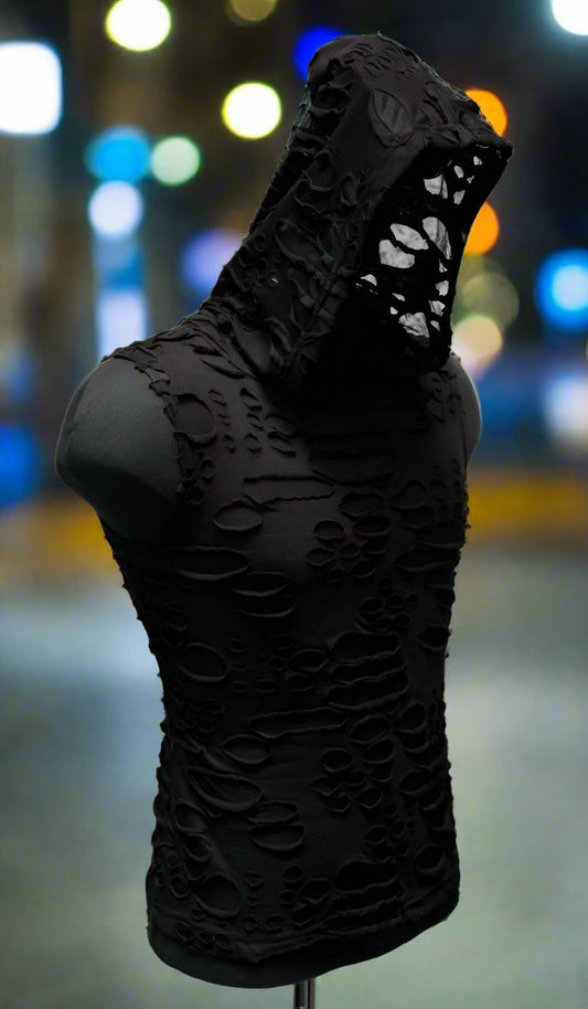 MEN'S HOODIE T - BLACK DECAYED FABRIC Shrine of Hollywood hoodie apocalyptic burning man goth Men's T-Shirts new sleeveless underground wasteland