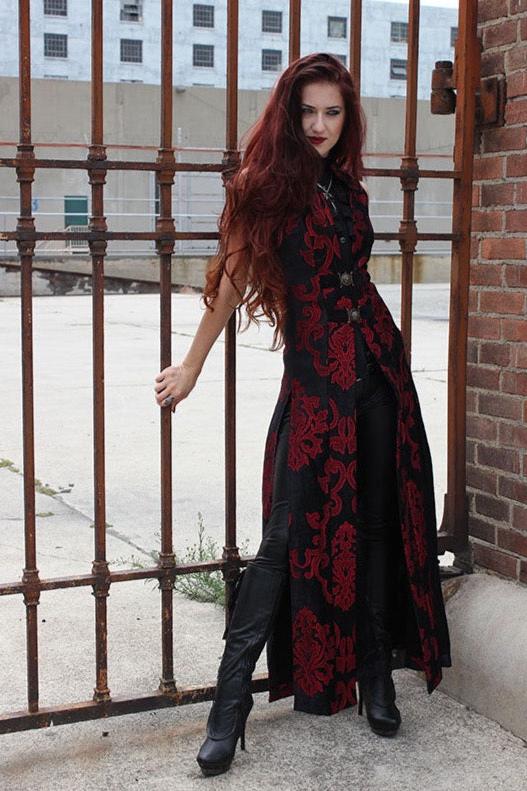 Shrine of Hollywood NECROMANTIC COAT/VEST - RED ON BLACK VELVET BROCADE Women's Coats