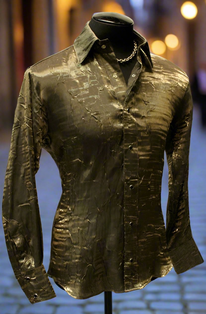 SHIMMER SHIRT - BRONZE Shrine of Hollywood shirt bronze button up club dress shirt formal gold long sleeve Men's Shirts shimmer wedding
