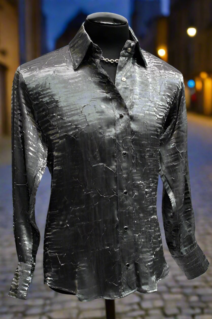 SHIMMER SHIRT - SILVER Shrine of Hollywood shirt button up club dress shirt formal goth gothic grey iridescent long sleeve Men's Shirts silver vampire villain wedding