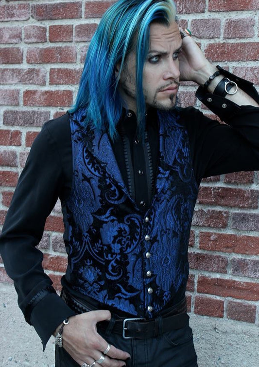 ARISTOCRAT VEST - BLUE/BLACK TAPESTRY Shrine of Hollywood vest blue dark goth gothic Men's Vests steampunk tapestry vampire vest victorian