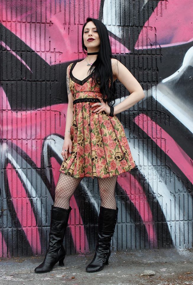 Shrine of Hollywood VINTAGE STYLE COCKTAIL DRESS - SKULL AND ROSE PRINT Dresses