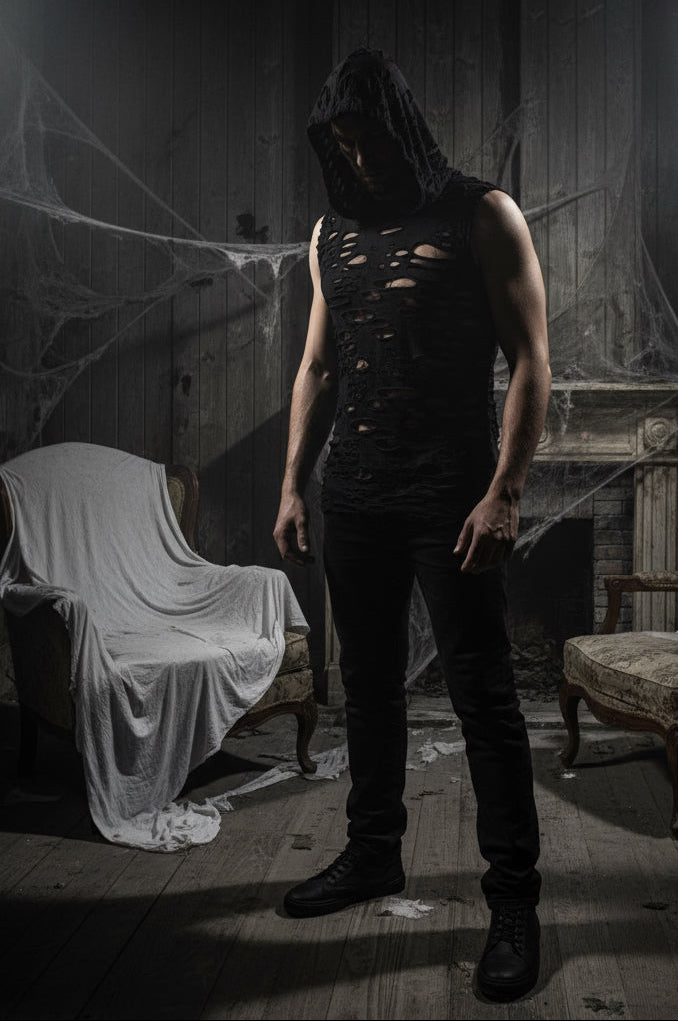 MEN'S HOODIE T - BLACK DECAYED FABRIC Shrine of Hollywood hoodie apocalyptic burning man goth Men's T-Shirts new sleeveless underground wasteland