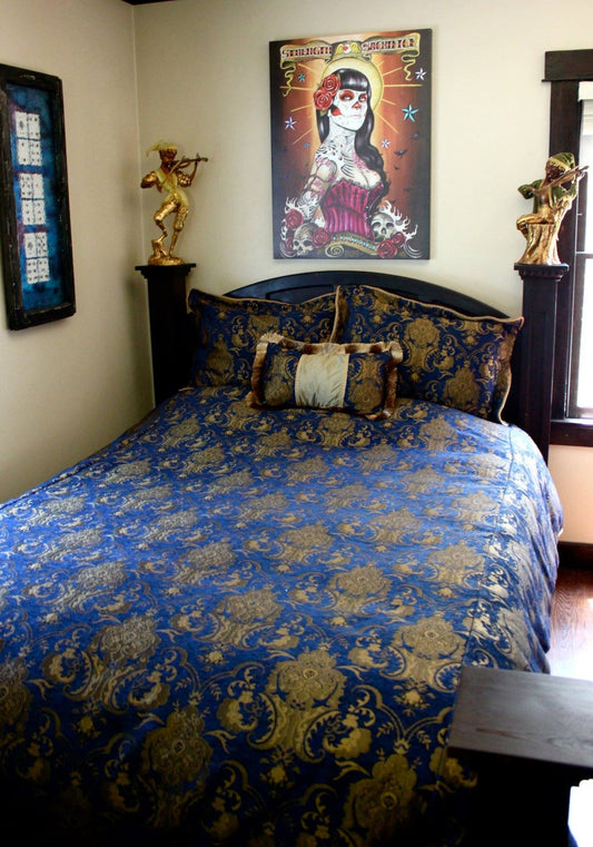MEDIEVAL TAPESTRY DUVET AND PILLOW SET - GOLD/BLUE - KING SIZE Shrine of Hollywood bedding bed bedding duvet pillow
