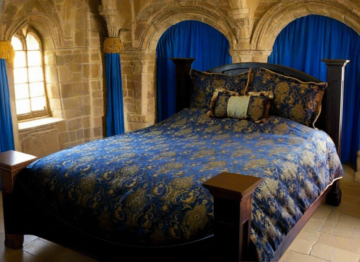 MEDIEVAL TAPESTRY DUVET AND PILLOW SET - GOLD/BLUE - KING SIZE Shrine of Hollywood bedding bed bedding duvet pillow