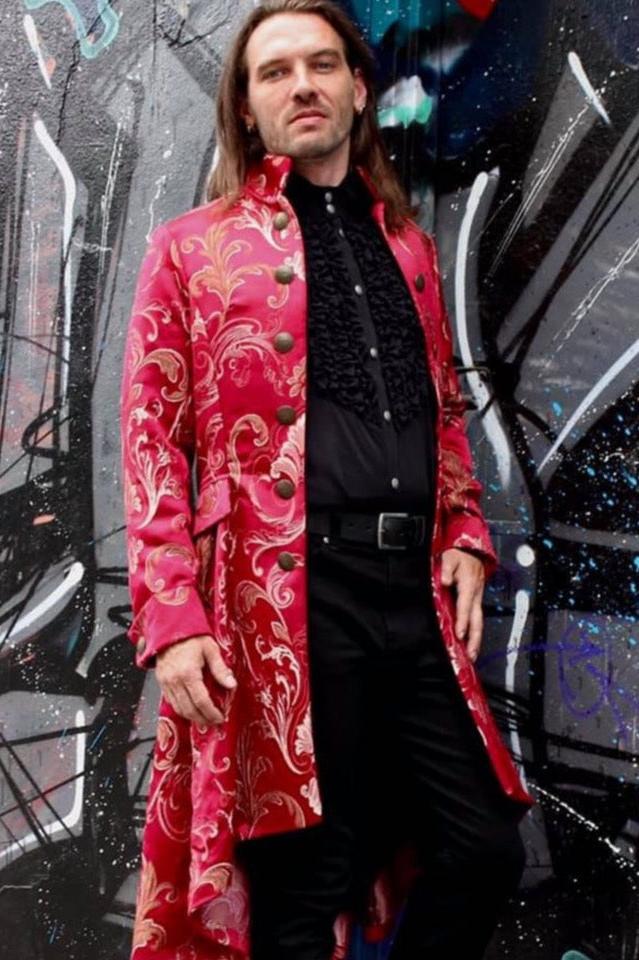 ORDER OF THE DRAGON COAT - BLOOD RED BROCADE Shrine of Hollywood coat Men's Coats