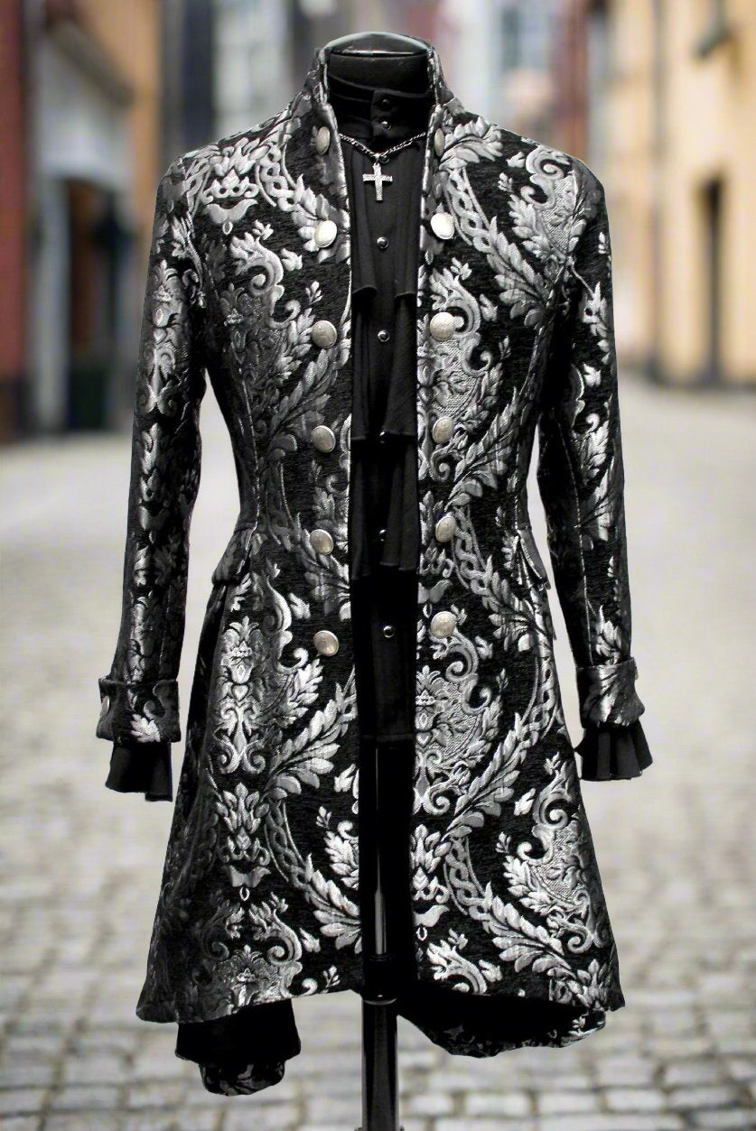 Shrine of Hollywood ORDER OF THE DRAGON COAT - SILVER/BLACK TAPESTRY best seller formal goth gothic jacket long sleeve Men's Coats metallic silver vampire