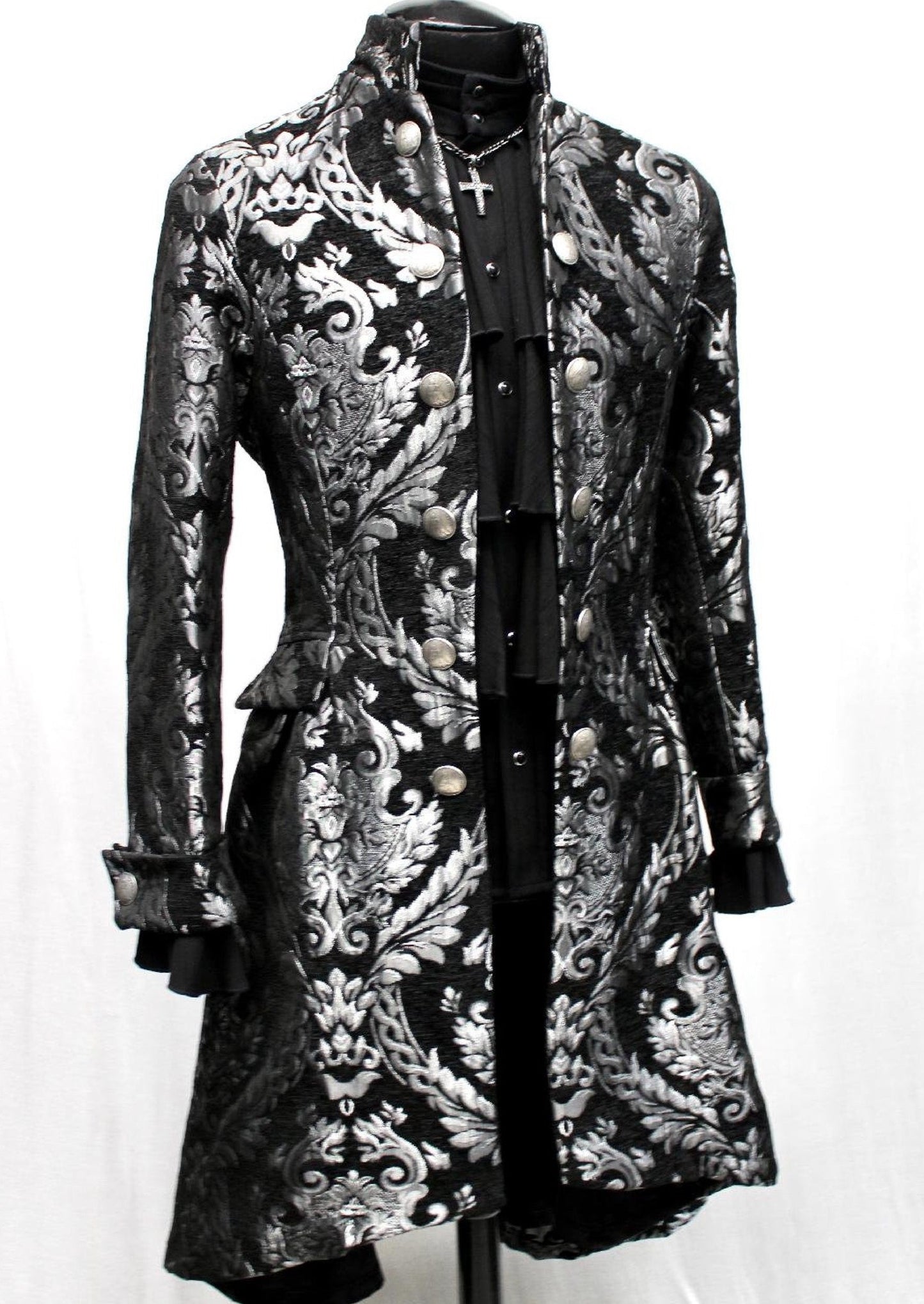 ORDER OF THE DRAGON COAT - SILVER/BLACK TAPESTRY Shrine of Hollywood coat best seller formal goth gothic jacket long sleeve Men's Coats metallic silver vampire