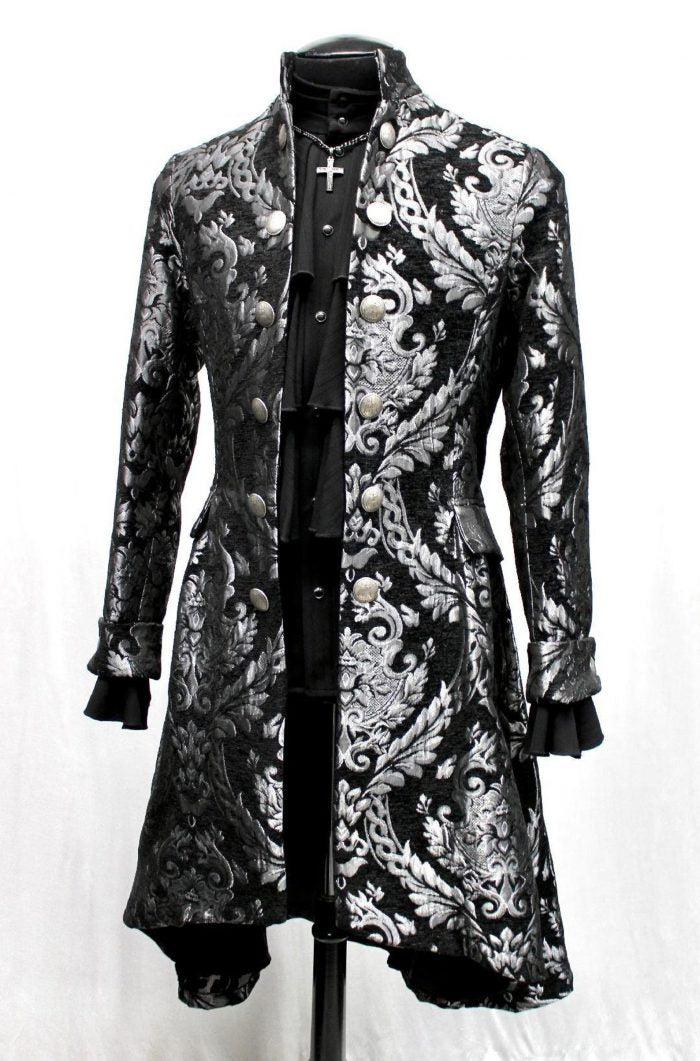 Shrine of Hollywood ORDER OF THE DRAGON COAT - SILVER/BLACK TAPESTRY best seller formal goth gothic jacket long sleeve Men's Coats metallic silver vampire