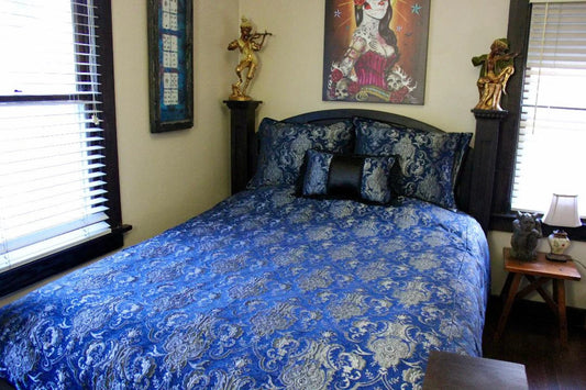 MEDIEVAL TAPESTRY DUVET AND PILLOW SET - SILVER/BLUE TAPESTRY - QUEEN SIZE Shrine of Hollywood bedding bed bedding duvet pillow