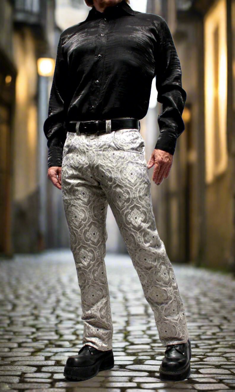 Shrine of Hollywood ROCKER PANTS - EDWARDIAN BROCADE - SILVER Pants