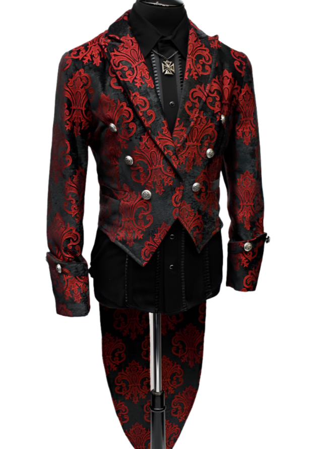 Shrine of Hollywood IMPERIAL TAILCOAT - RED ON BLACK VELVET BROCADE Men's Coats