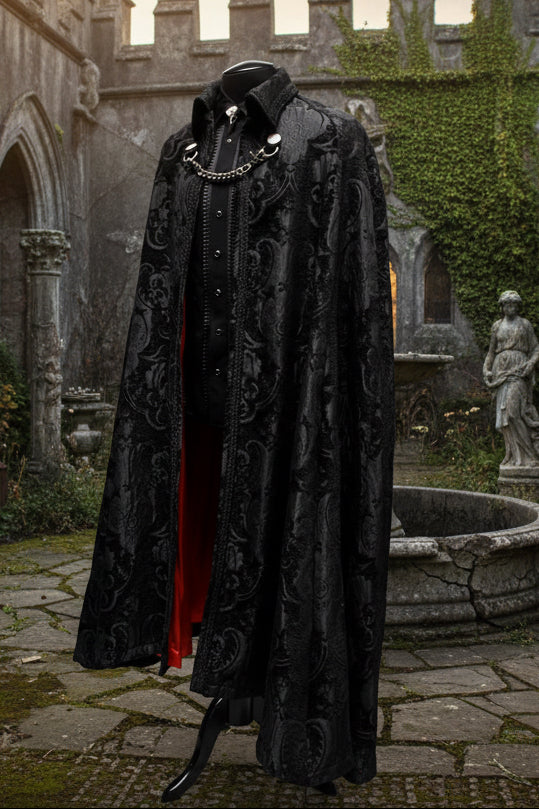 CLOAK OF DARKNESS - BLACK ON BLACK TAPESTRY W/ RED LINING