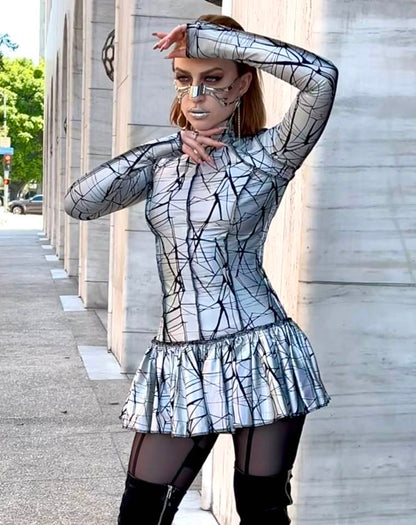 FUTURE SHOCK DRESS - Cracked Hologram Fabric - White Shrine of Hollywood dress cyber dress Dresses future hologram iridescent long sleeve metallic silver