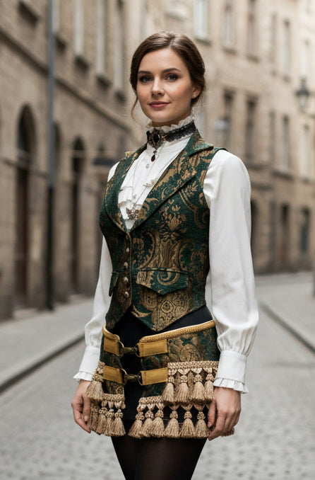 MARQUESA VEST - GREEN/GOLD TAPESTRY Shrine of Hollywood women's corset top Corset top victorian vest Women's vests