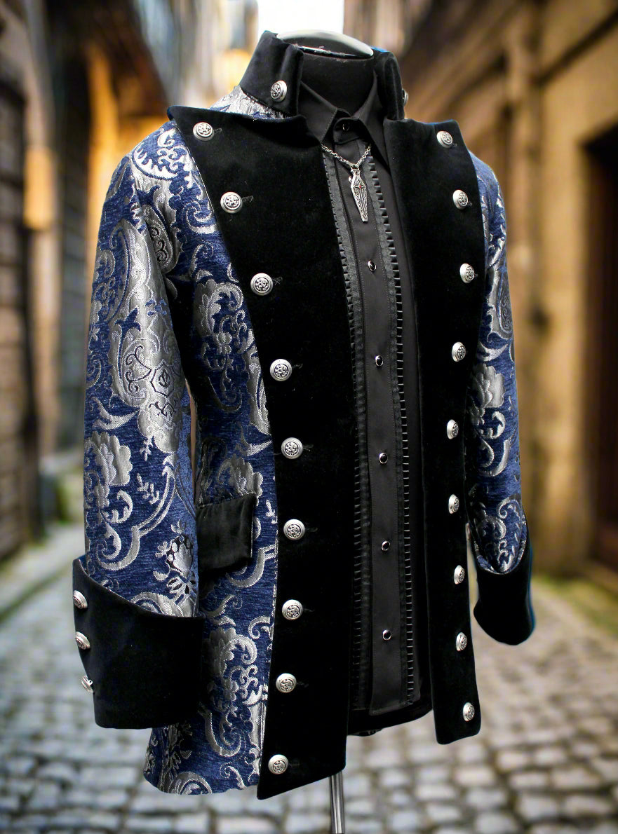 VERSAILLES COAT - BLUE/SILVER TAPESTRY - SIZE SMALL - ONLY ONE LEFT. Shrine of Hollywood coat aristocrat bridgerton Bridgerton coat goth gothic gothic coat masquerade coat Men's Coats pirate coat vampire vampire coat victorian coat