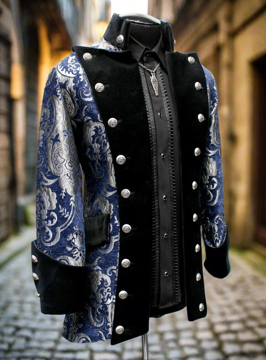 VERSAILLES COAT - BLUE/SILVER TAPESTRY - SIZE SMALL - ONLY ONE LEFT. Shrine of Hollywood coat aristocrat bridgerton Bridgerton coat goth gothic gothic coat masquerade coat Men's Coats pirate coat vampire vampire coat victorian coat