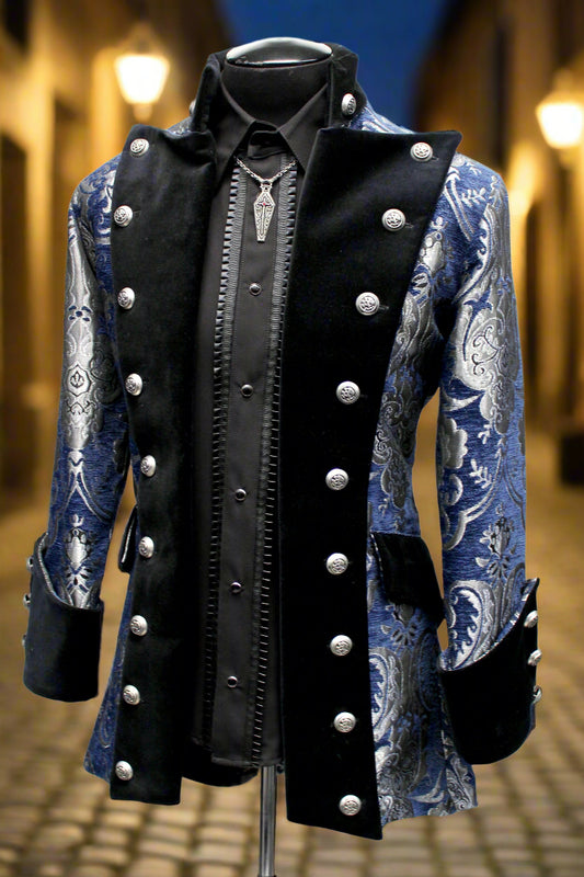 VERSAILLES COAT - BLUE/SILVER TAPESTRY - SIZE SMALL - ONLY ONE LEFT. Shrine of Hollywood coat aristocrat bridgerton Bridgerton coat goth gothic gothic coat masquerade coat Men's Coats pirate coat vampire vampire coat victorian coat
