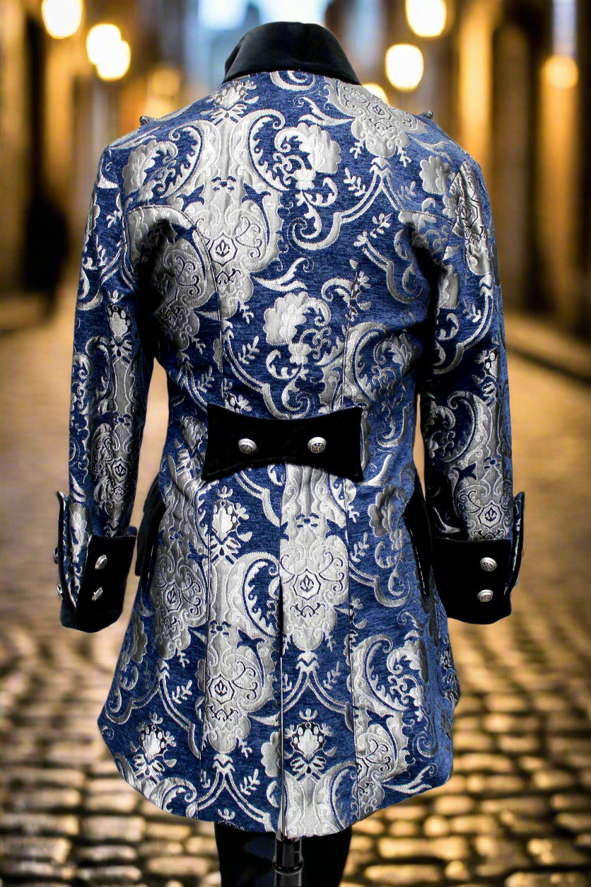 VERSAILLES COAT - BLUE/SILVER TAPESTRY - SIZE SMALL - ONLY ONE LEFT. Shrine of Hollywood coat aristocrat bridgerton Bridgerton coat goth gothic gothic coat masquerade coat Men's Coats pirate coat vampire vampire coat victorian coat