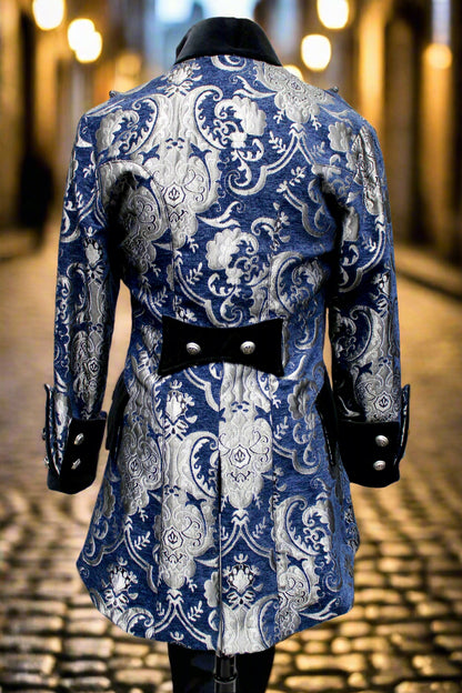 VERSAILLES COAT - BLUE/SILVER TAPESTRY - SIZE SMALL - ONLY ONE LEFT. Shrine of Hollywood coat aristocrat bridgerton Bridgerton coat goth gothic gothic coat masquerade coat Men's Coats pirate coat vampire vampire coat victorian coat