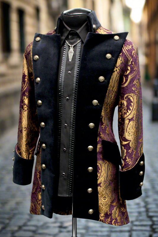 VERSAILLES COAT - PURPLE/GOLD TAPESTRY - SIZE MEDIUM - ONLY ONE LEFT. Shrine of Hollywood coat bridgerton burning man goth gothic gothic coat masquerade coat Men's Coats pirate coat steampunk vampire victorian victorian coat