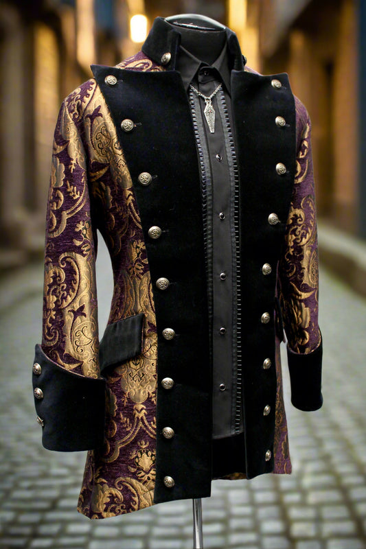 VERSAILLES COAT - PURPLE/GOLD TAPESTRY - SIZE MEDIUM - ONLY ONE LEFT. Shrine of Hollywood coat bridgerton burning man goth gothic gothic coat masquerade coat Men's Coats pirate coat steampunk vampire victorian victorian coat