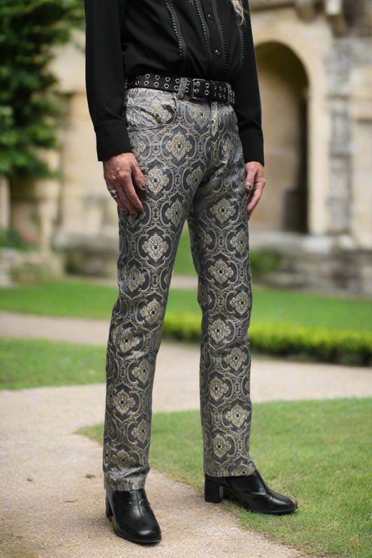 RROCKER PANTS - EDWARDIAN BROCADE - BLUE Shrine of Hollywood Pants aristocrat Bridgerton pants gothic pants masquerade pants Pants pirate pants Rocker Pants steampunk vampire pants victorian
