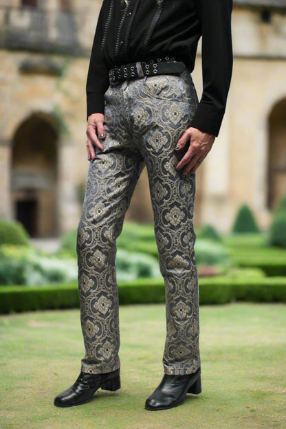 RROCKER PANTS - EDWARDIAN BROCADE - BLUE Shrine of Hollywood Pants aristocrat Bridgerton pants gothic pants masquerade pants Pants pirate pants Rocker Pants steampunk vampire pants victorian