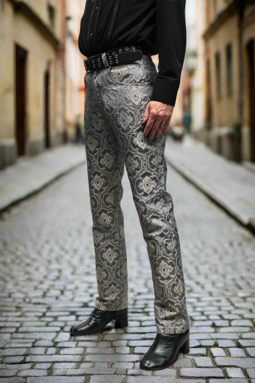 RROCKER PANTS - EDWARDIAN BROCADE - BLUE Shrine of Hollywood Pants aristocrat Bridgerton pants gothic pants masquerade pants Pants pirate pants Rocker Pants steampunk vampire pants victorian