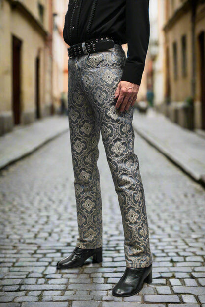 RROCKER PANTS - EDWARDIAN BROCADE - BLUE Shrine of Hollywood Pants aristocrat Bridgerton pants gothic pants masquerade pants Pants pirate pants Rocker Pants steampunk vampire pants victorian