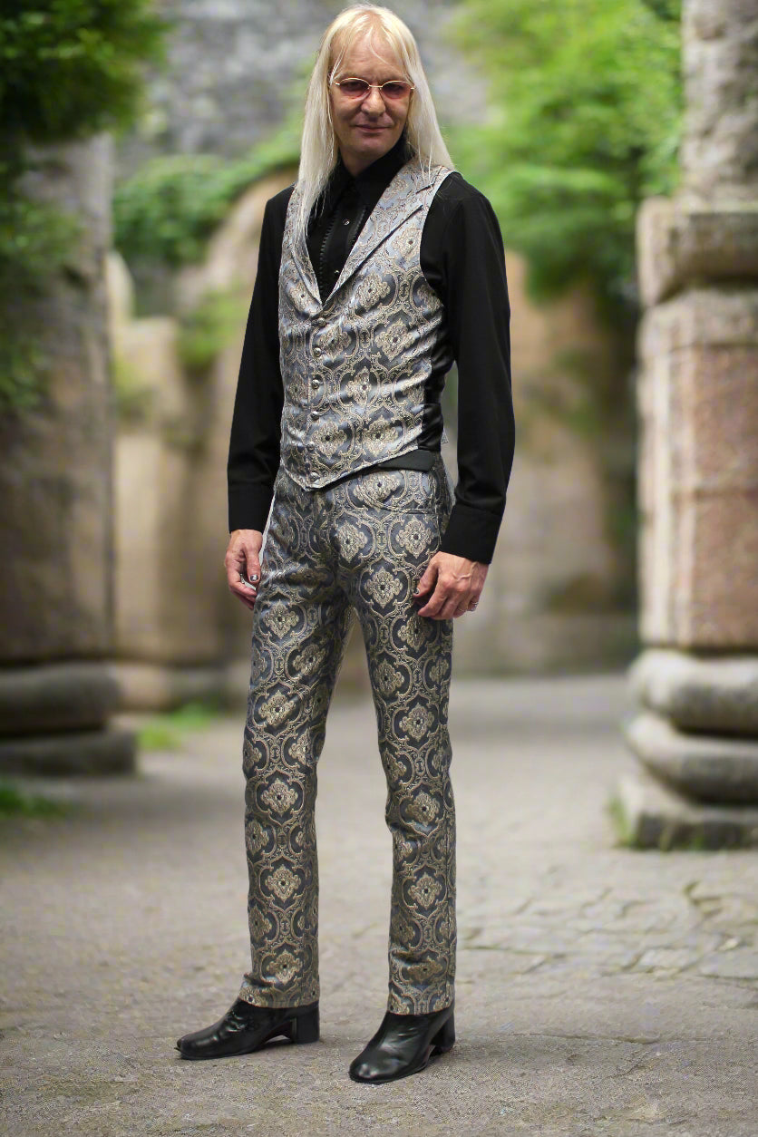 RROCKER PANTS - EDWARDIAN BROCADE - BLUE Shrine of Hollywood Pants aristocrat Bridgerton pants gothic pants masquerade pants Pants pirate pants Rocker Pants steampunk vampire pants victorian