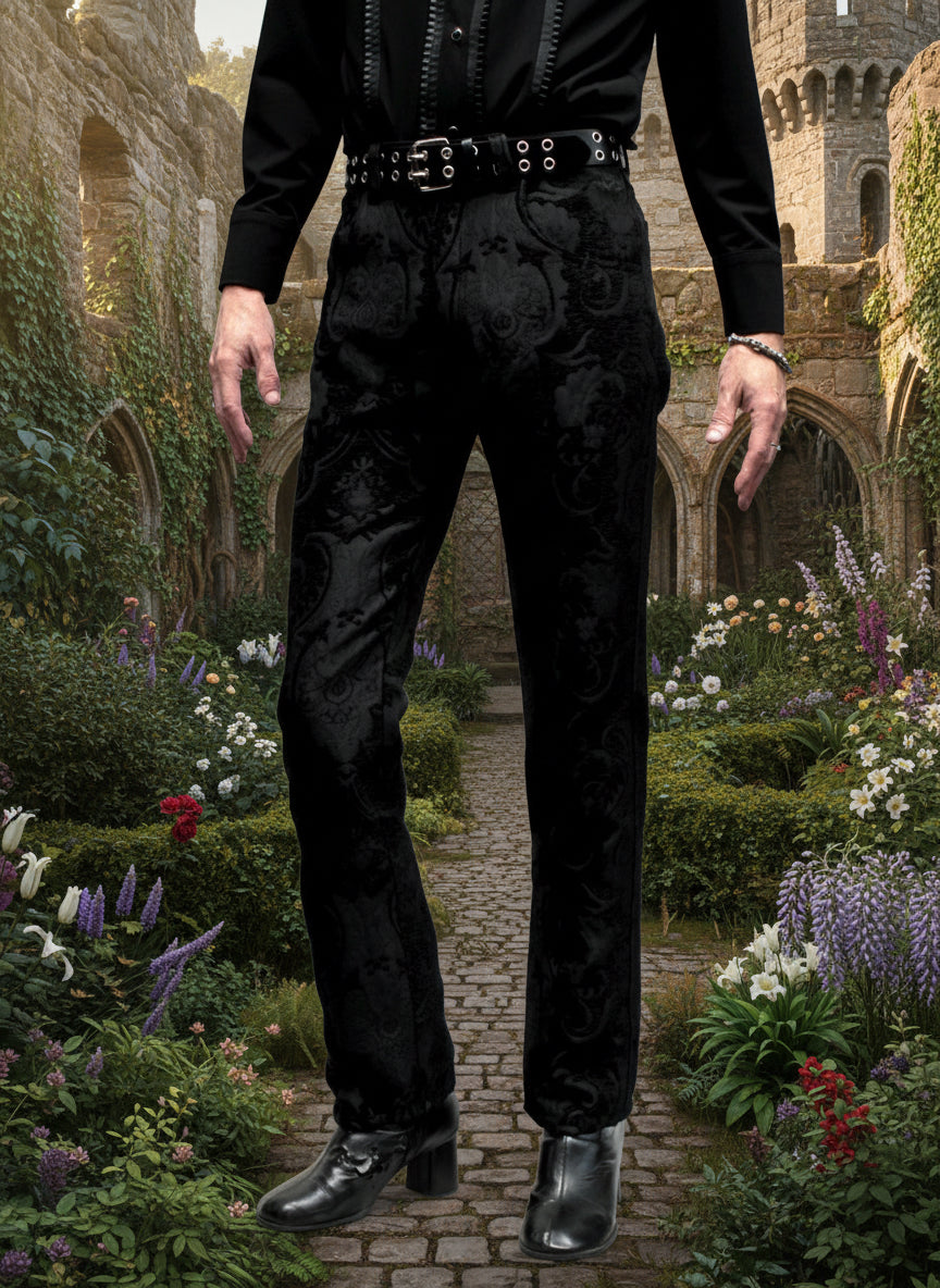 TAPESTRY PANTS - BLACK Shrine of Hollywood pants Bridgerton pants burning man pants gothic pants masquerade pants Men's Pants Pants pirate pants rocker jeans Rocker Pants vampire pants victorian pants wedding pants
