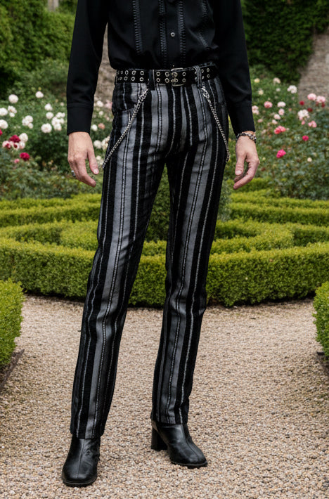 VICTORIAN CARNY PANTS - SILVER/BLACK STRIPE Shrine of Hollywood pants Pants